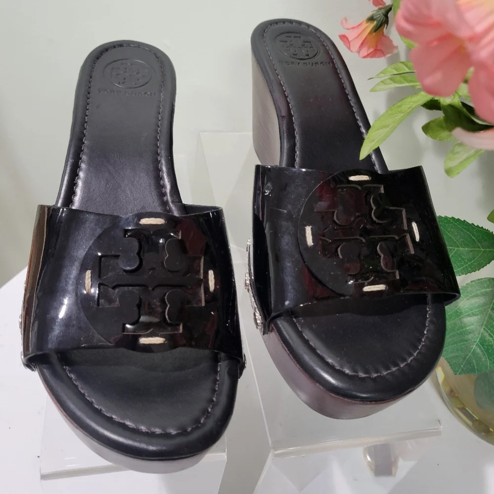 Tory Burch Patty Black Patent Wedge Slide Sandals 9 M Platform Shoes - Picture 6 of 13